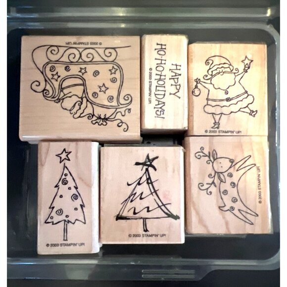 Stampin Up! Ho Ho Holidays 2003 Wood Mounted Rubber Stamp Set 6 Pieces - Picture 2 of 3